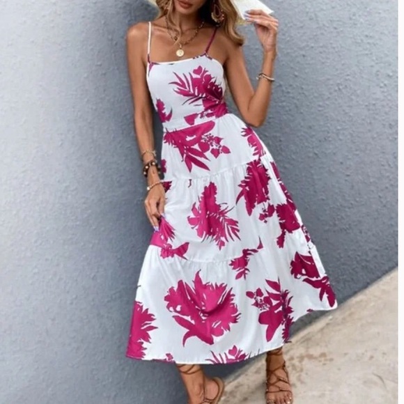 Boho Blue  Floral Tropical Leaves Cut out Cami Ruffle Dress - Picture 8 of 11